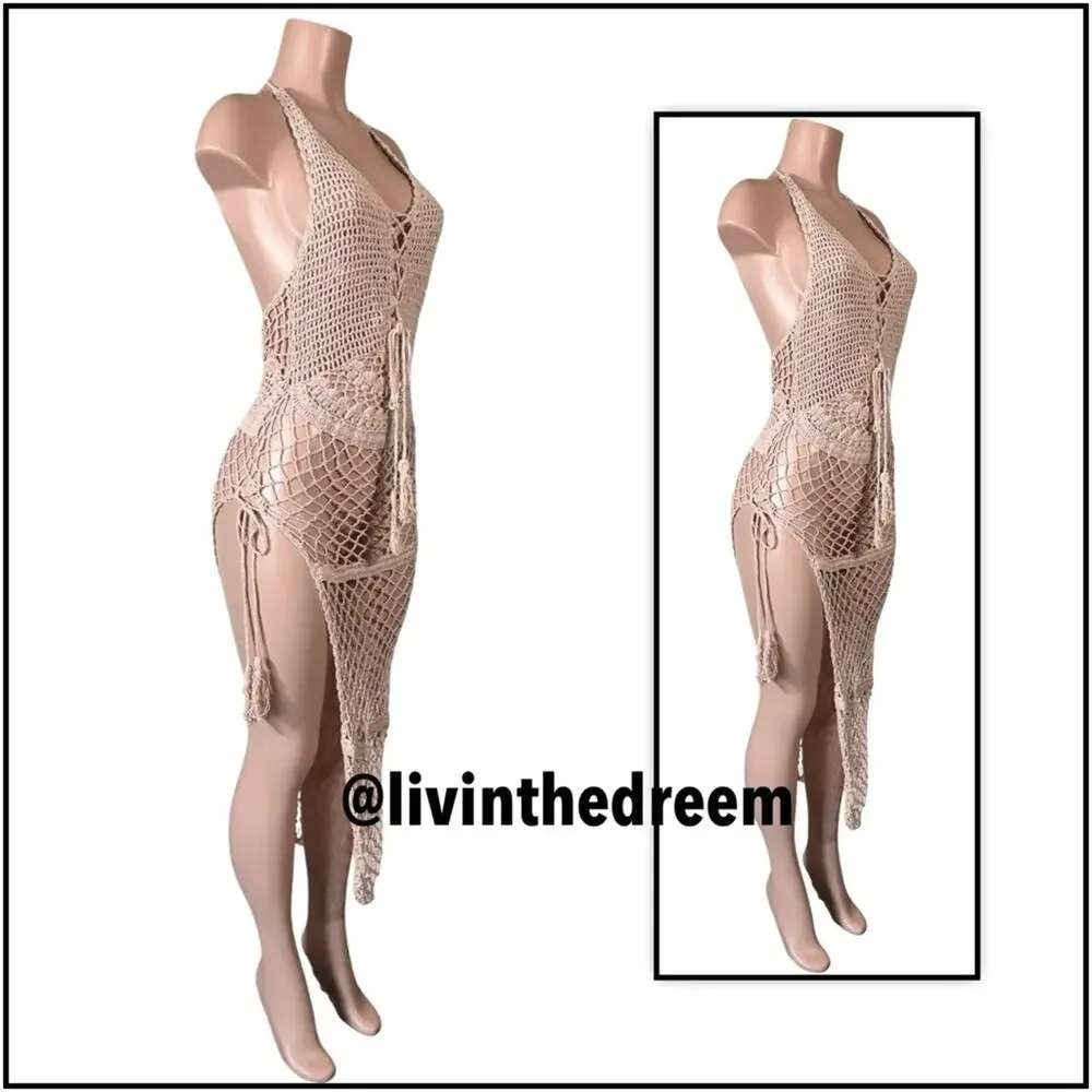 Frankies Mauve Crochet Bikinis Sunrise Cover Up Dress SZ L $250